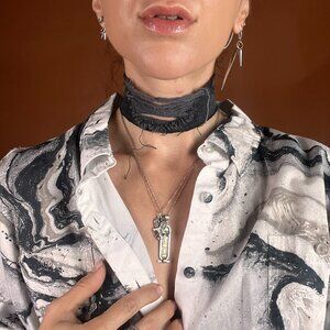 Distressed Black Denim Reversible Choker Necklace with Leather Tie